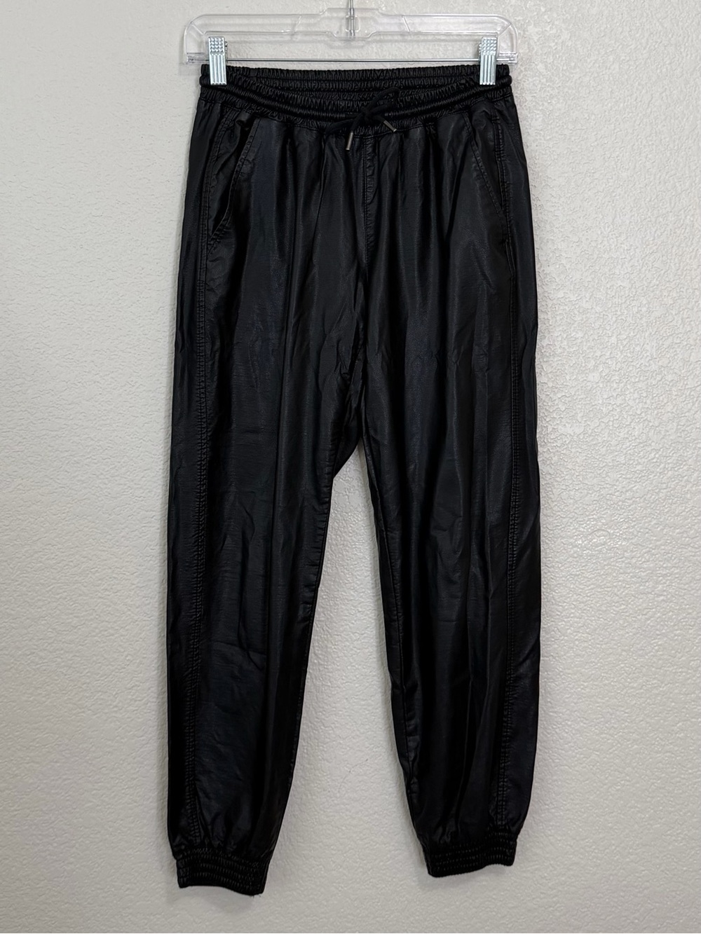 NWOT Zara Women’s Black Faux Leather Drawstring Pull-On Jogger Pants, Sz Small